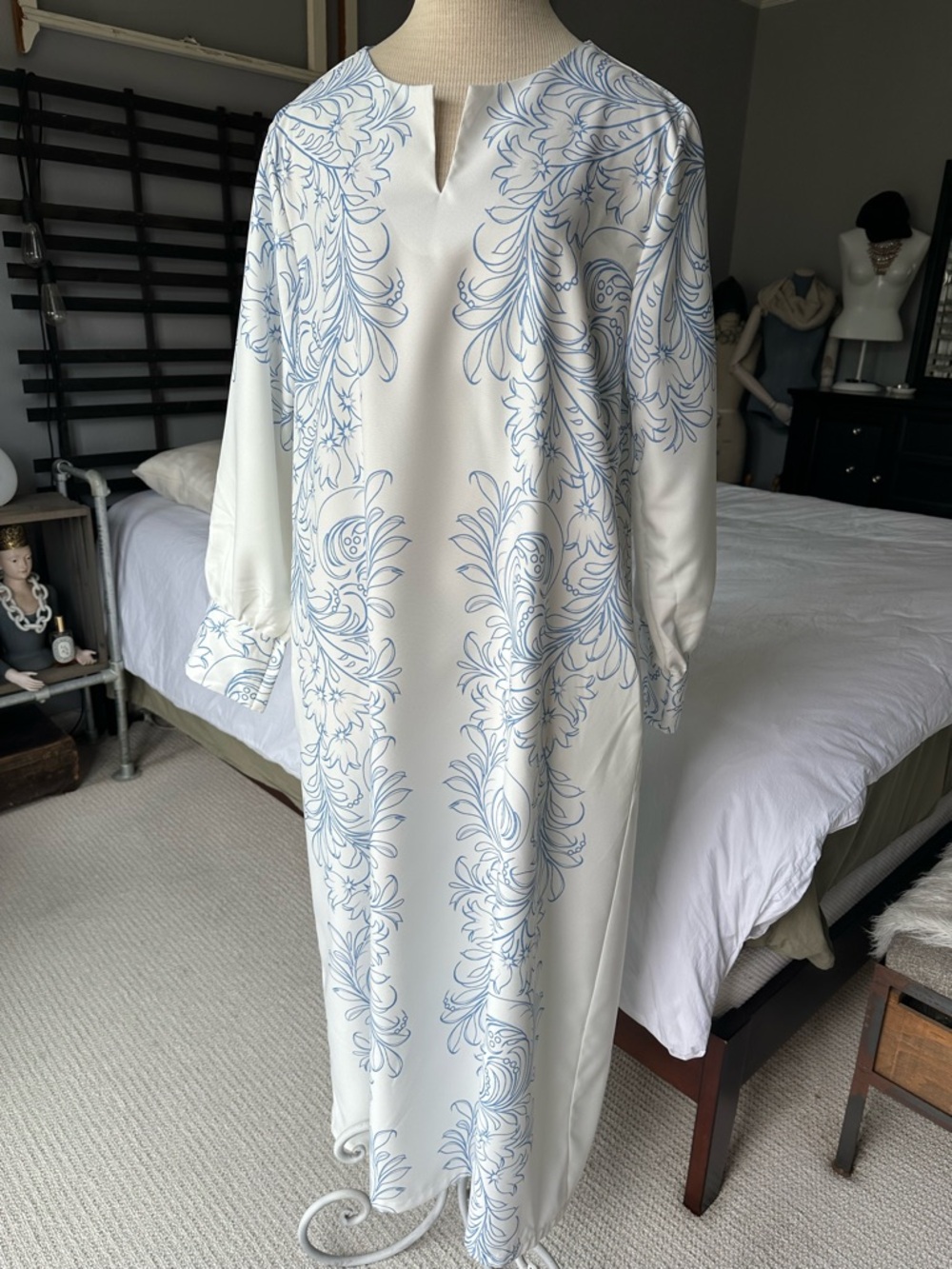 White Tunic Dress with Delicate Blue Floral Print, size large - Picture 3 of 10